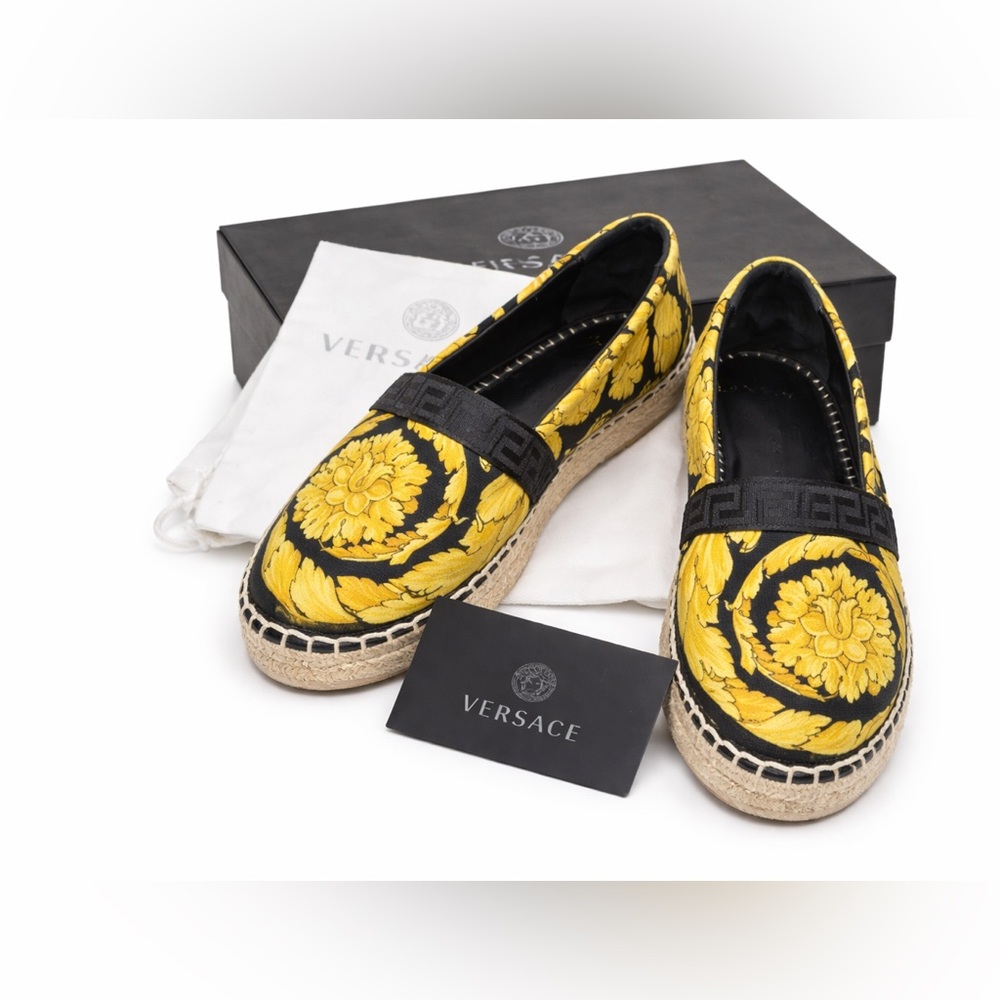 Versace Barocco Medusa Espadrilles Gold Black Designer Euro Vacation 38.5